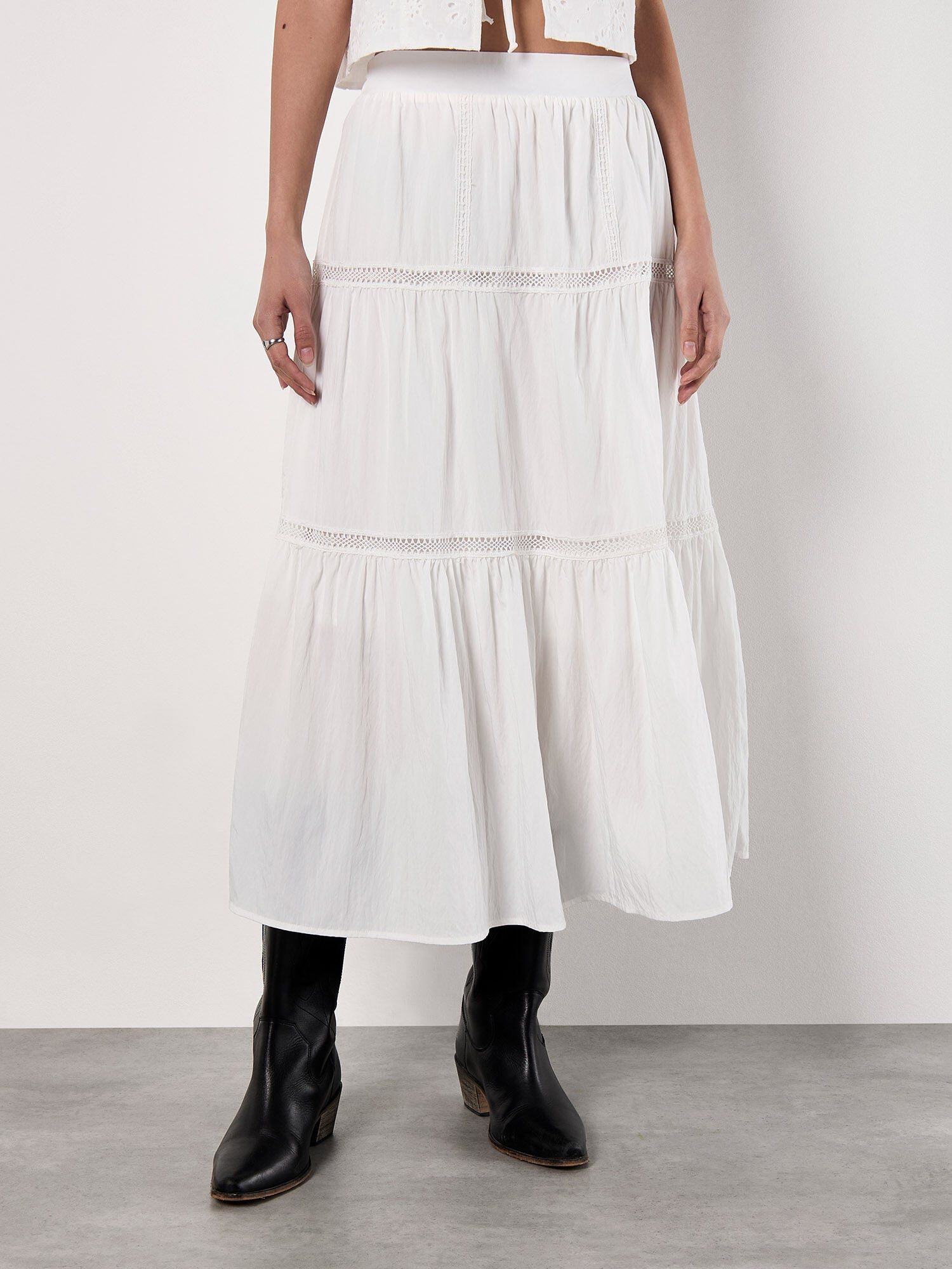 Crochet Lace Tiered Midi Skirt | Apricot Clothing