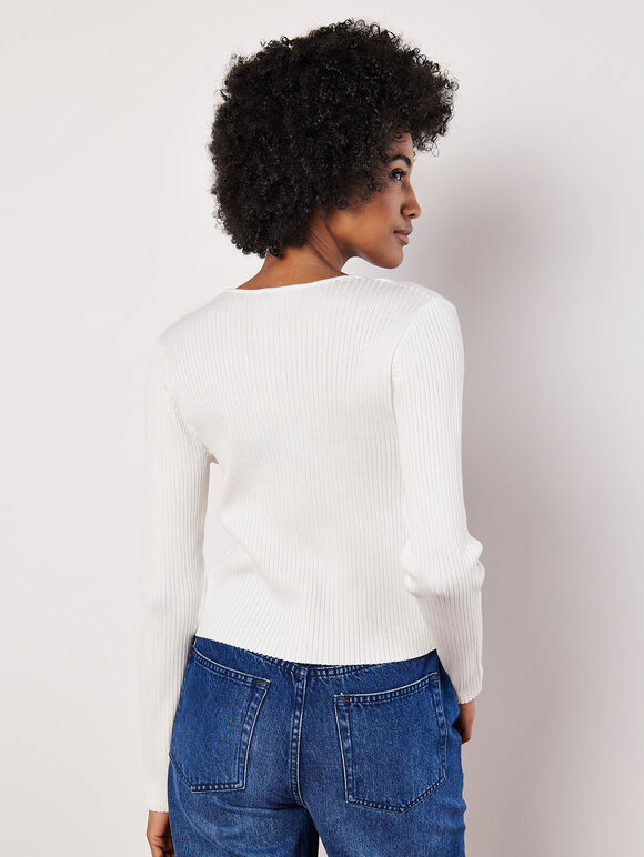 Ribbed Knit Front Clip Cardigan, Cream, large
