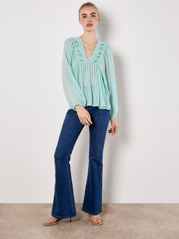 Dobby Bead Embellished Empire Top, Blue, large