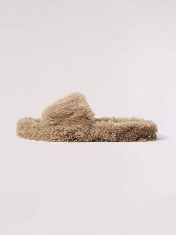 Open Toe Fluffy Slippers, Brown, large