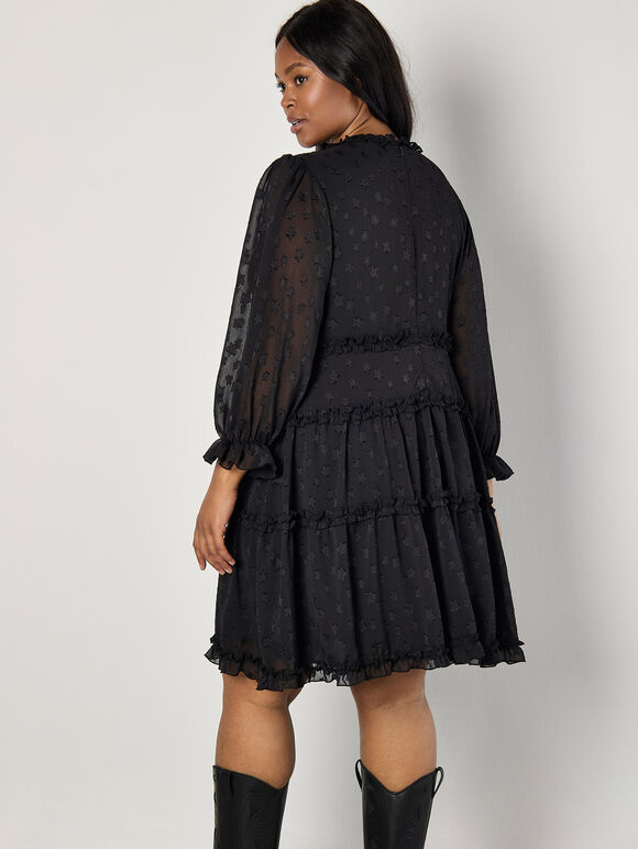 Curve Jacquard Star Chiffon Mini Dress, Black, large