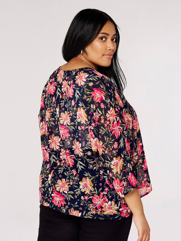 Curve Vintage Floral Top, Navy, large