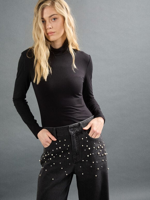Faux Pearl & Rhinestone Maca Jean, Black, large
