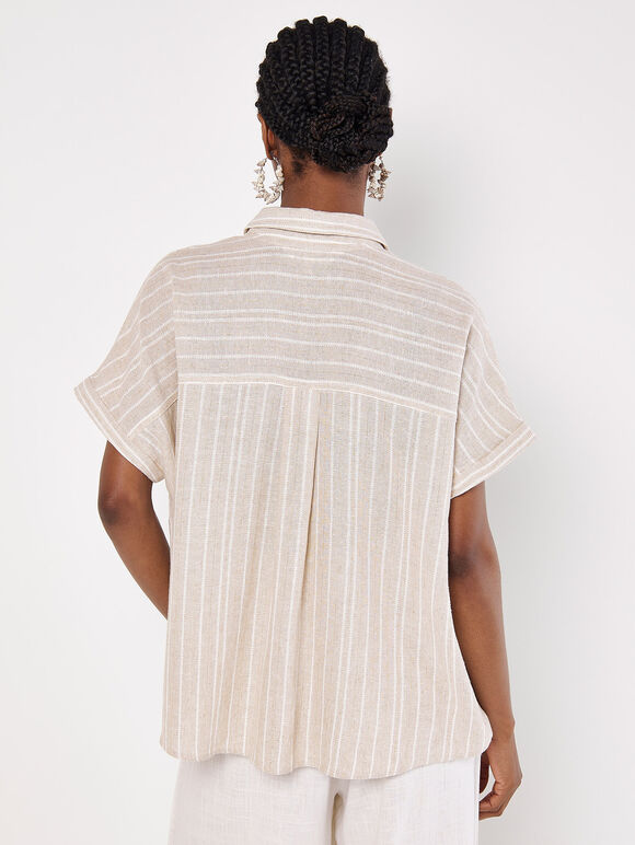 Linen Blend Stripe Shimmer Shirt, Stone, large