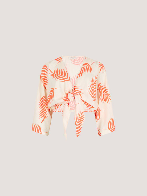 Tropical Leaf Tie Hem Crop Top, Cream, large