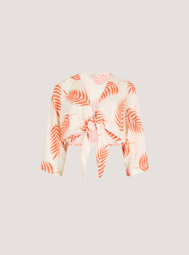 Tropical Leaf Tie Hem Crop Top, Cream, large