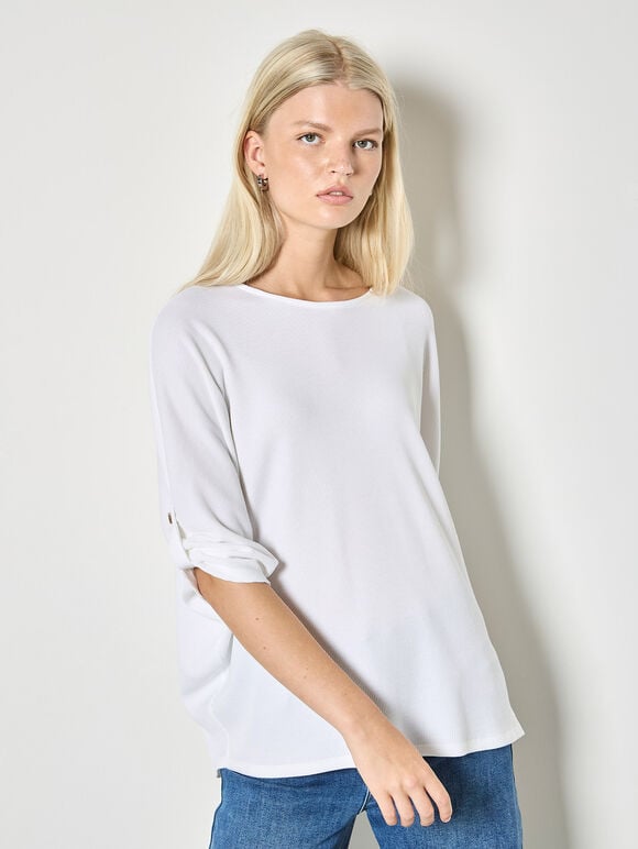 Waffle Knit Button Detail Top, White, large