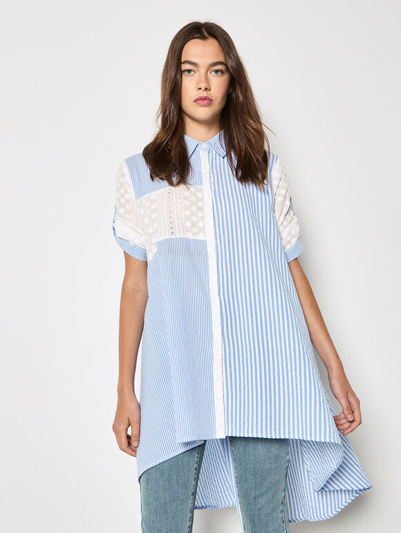 Mix Stripe Embroidered Shirt, Blue, large