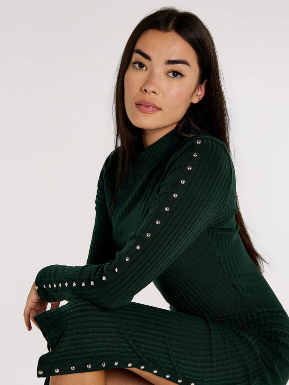 Rib Studded Midi Dress, Green, large