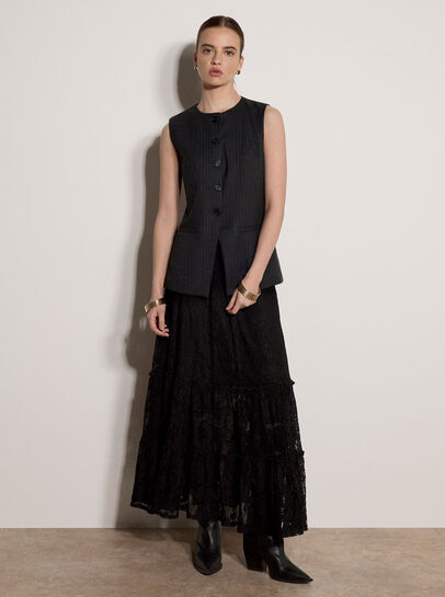 Cotton-Blend Lace Tiered Midi Skirt
