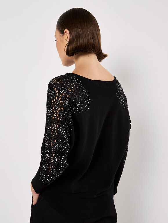 Lace Rhinestone Embellished Jumper, Black, large