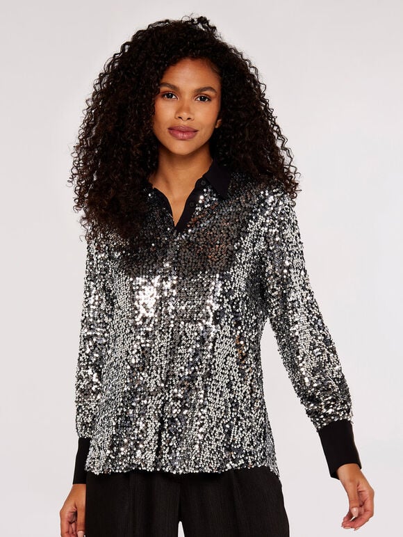 Sequin Button Down Shirt, Light Grey / Silver, large