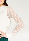 Polka Dot Mesh Sleeve Knit Jumper, Cream, large