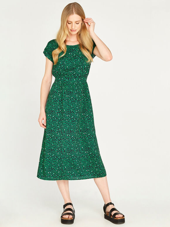 Leaf Print Tie Back Midi Dress, Green, large