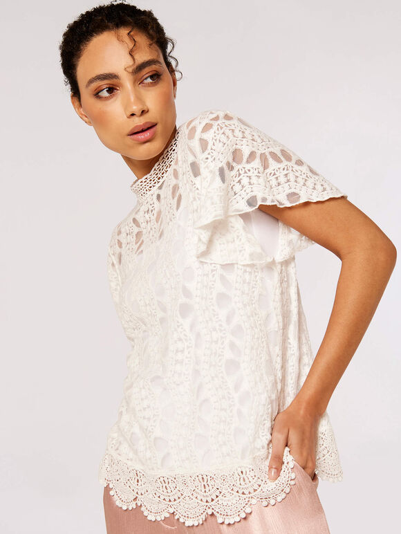 Embroidered High Neck Top, White, large