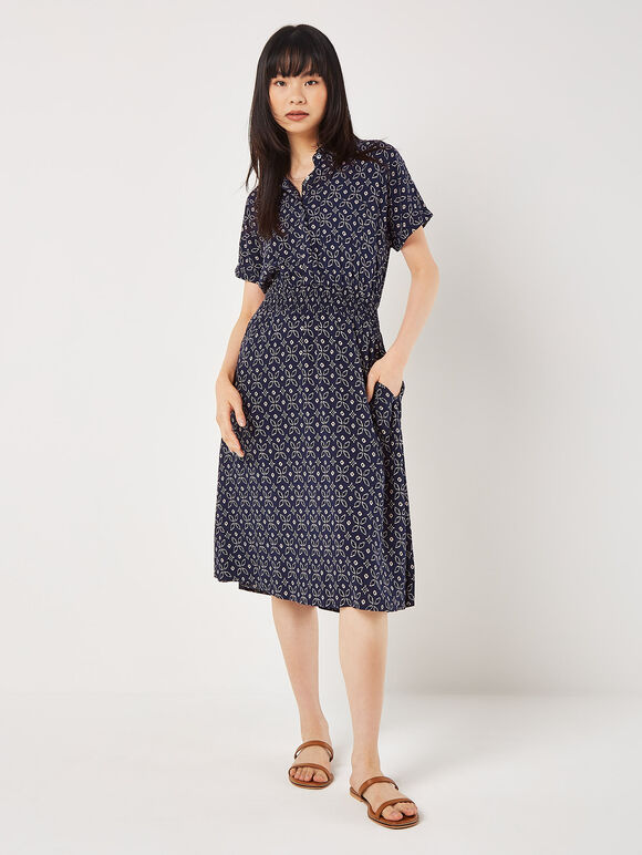 Batik Tile Shirt Midi Dress, Navy, large