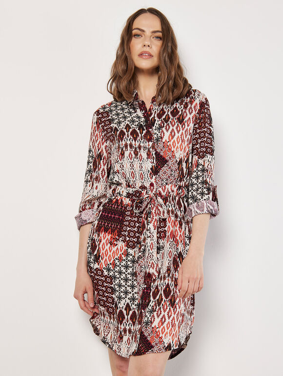 Patchwork Ikat Shirt Mini Dress, Burgundy, large