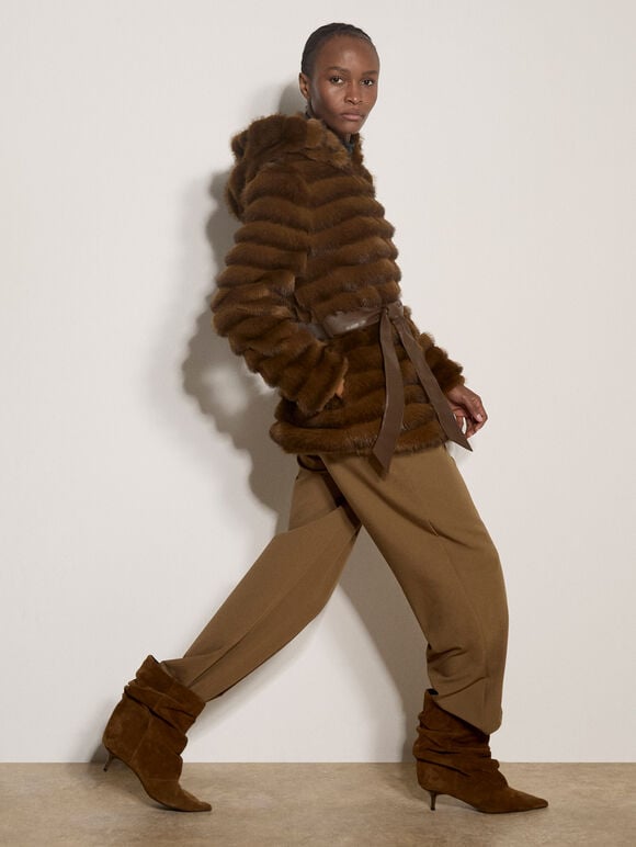 Faux Fur Panel Belted Coat, Brown, large