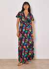 Tropical Print Wrap Maxi Dress, Navy, large