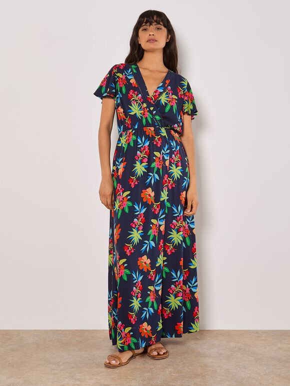 Tropical Print Wrap Maxi Dress, Navy, large