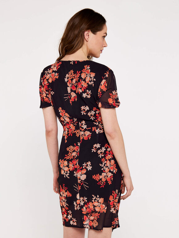 Floral Ruched Front Dress, Black, large
