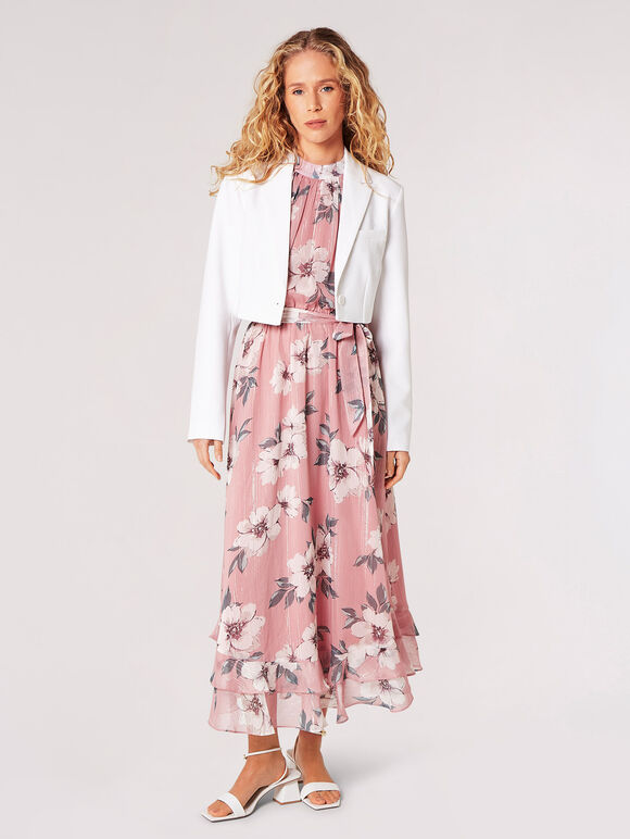 Robe midi chatoyante florale picturale, rose, grand