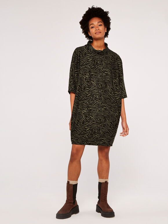 Zebra Print Cocoon Mini Dress , Khaki, large