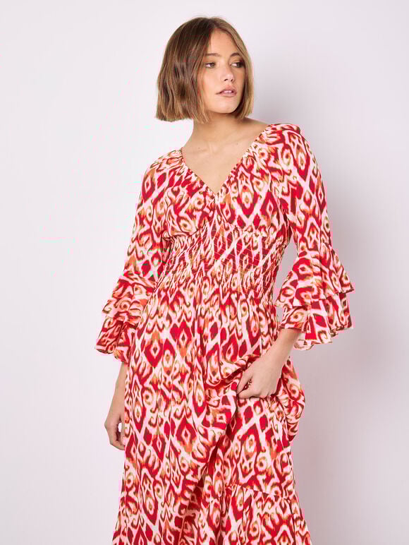 Ikat Swirls Maxi Dress, Red, large