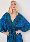 Robe longue kimono en satin floral, bleu marine, grand