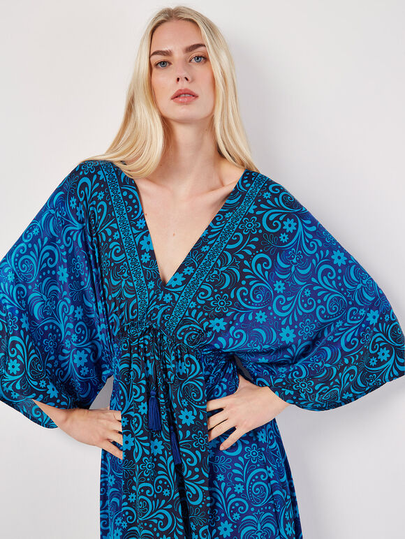 Geblümtes Kimono-Maxikleid aus Satin, Marineblau, Größe L