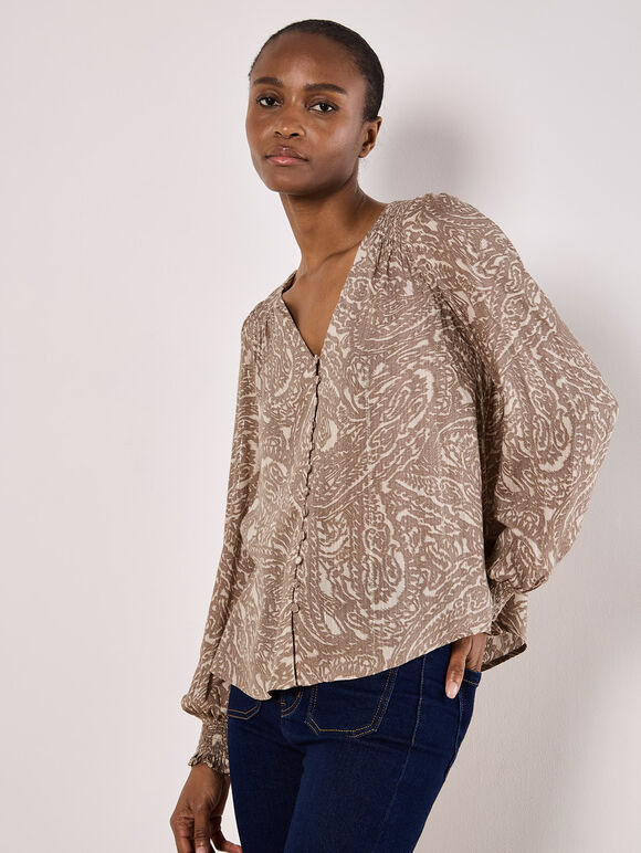 Paisley Print Shimmer Blouse, Grey, large
