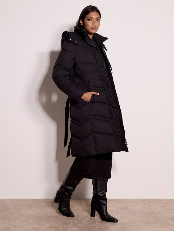 Long Belted Puffer Coat, Black, large