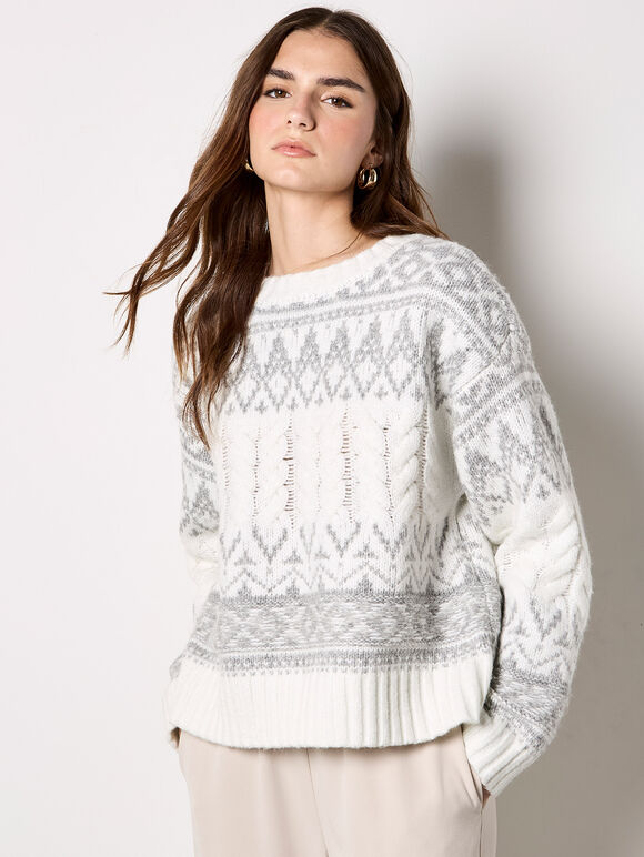 Fair Isle Cable Knit Jumper, Cream, large