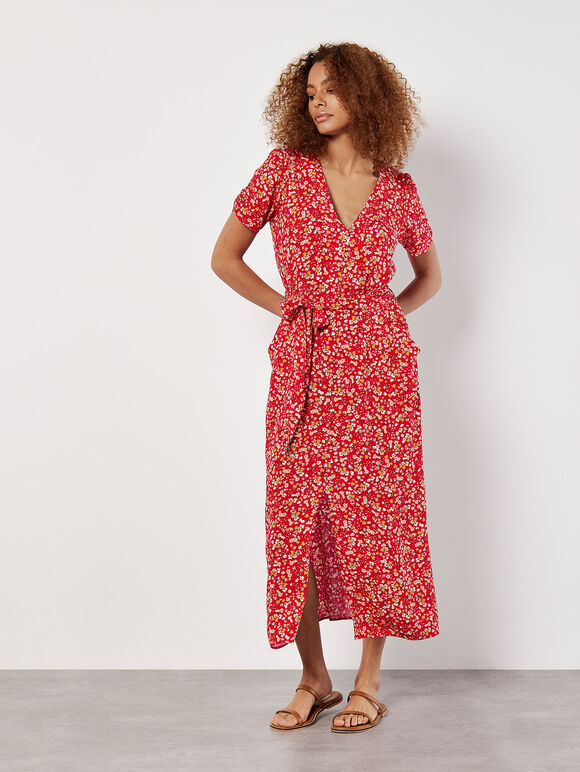 Ditsy Floral Decorative Button Midi Dress, Red, large