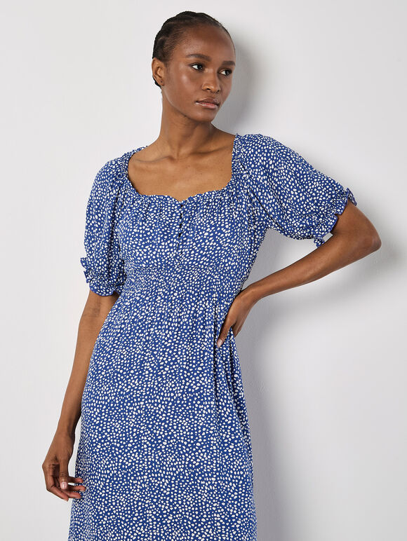 Spot Print Milkmaid Midi Dress, Blue, large
