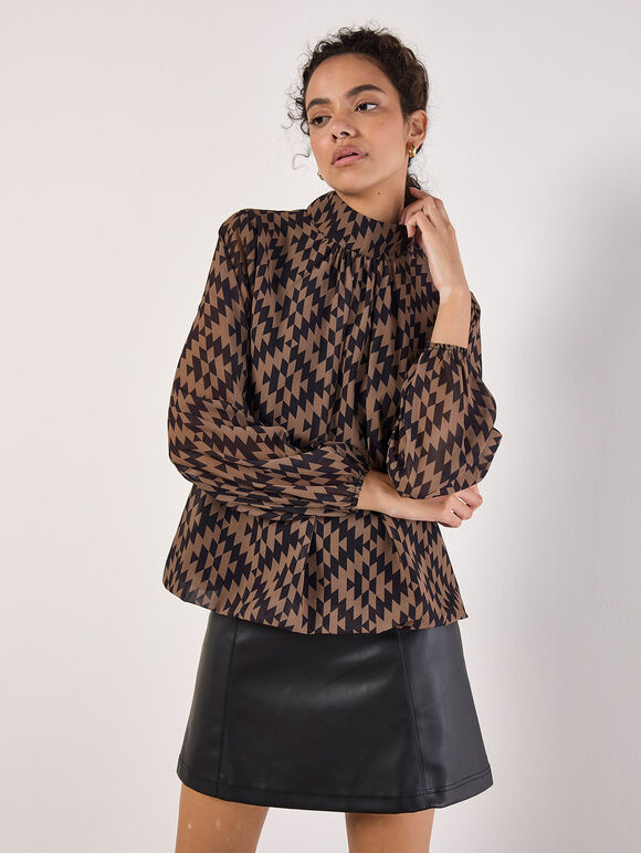 Geo Diamond Chiffon Blouse, Brown, large