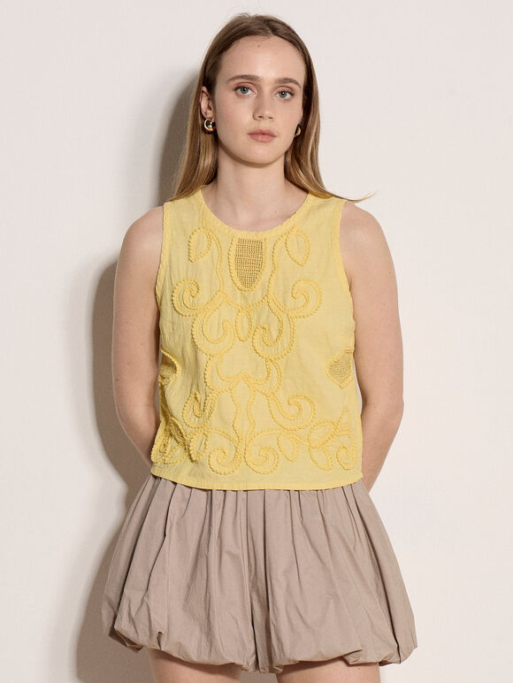 Embroidered Cotton Shell Top, Yellow, large