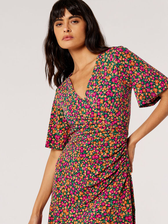 Ditsy Floral Wrap Mini Dress, Fuchsia, large