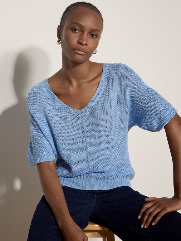 Waffle Open Knit Top, Sky Blue, large
