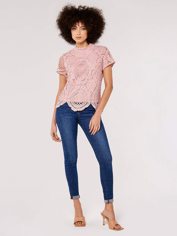 High Neck Lace Top, Pink, large