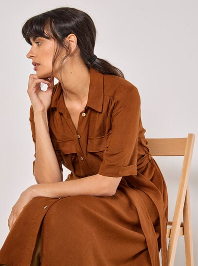 Linen Blend Utility Shirt Midi Dress