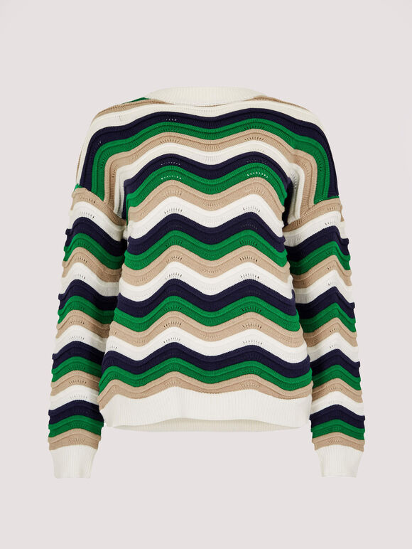 Wavy Stripe Knitted Jumper, Green, large