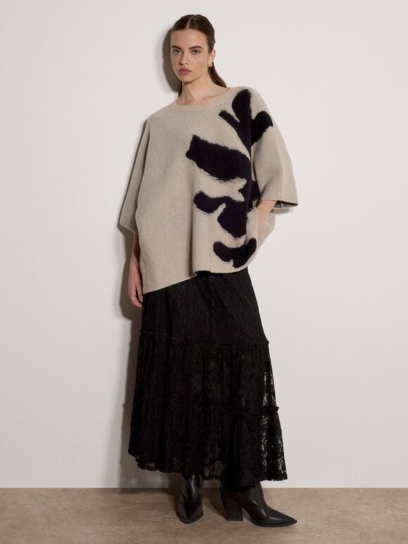 Abstract Flower Oversized Cape Jumper, Stone, large