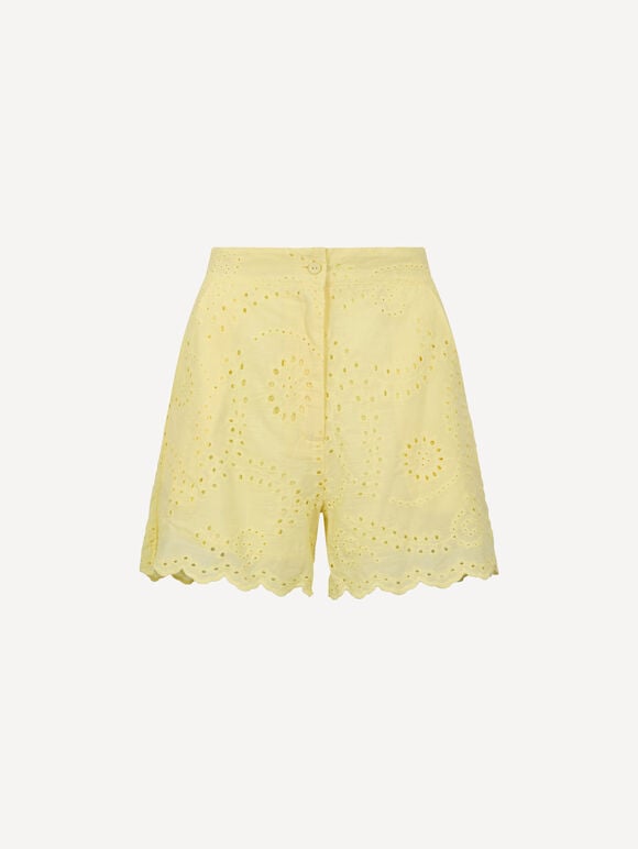 Scalloped Broderie Mini Shorts, Yellow, large