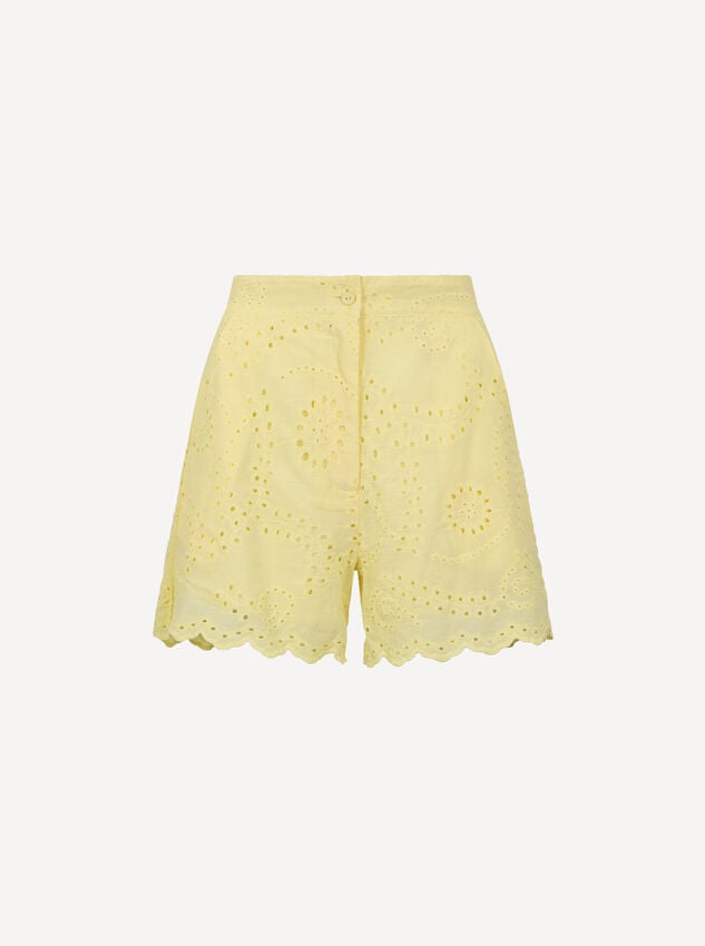 Scalloped Broderie Mini Shorts, Yellow, large