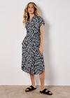 Leaf Print Shirt Midi Dress, Navy, large