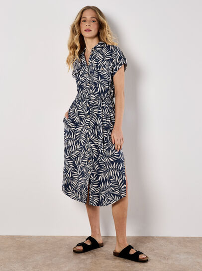 Leaf Print Shirt Midi Dress
