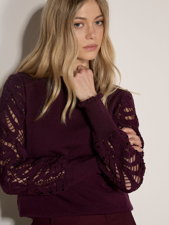 Lace Mesh Jumper, Burgundy, large
