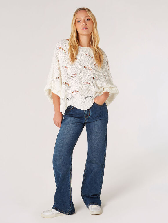 Swirl Knit Poncho Jumper, Cream, large