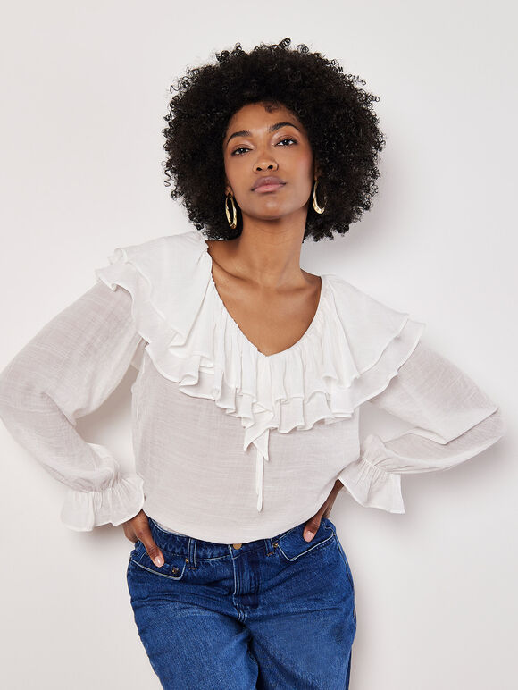 Ruffle Collar Blouse, White, large